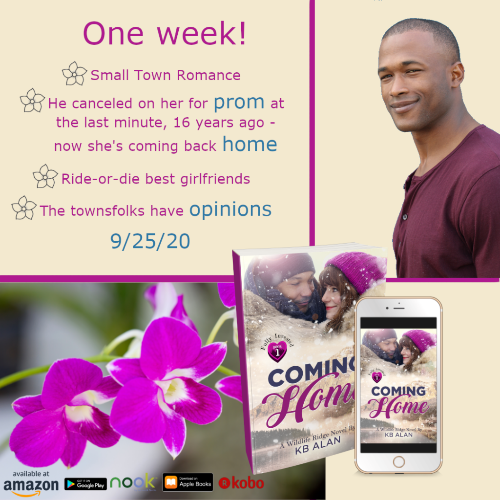 Promo graphic with handsome Black man, book cover, small town romance, he canceled on her for prom at the last minute, 16 years ago - now she's coming back home. Ride or die best girlfriends. The townsfolk have opinion.