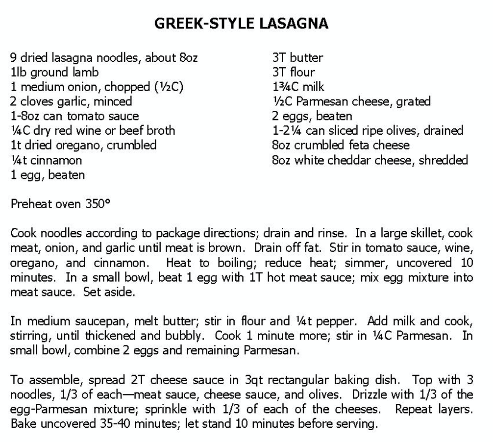 Photo of recipe for Greek Lasagna (please email me for transcribed recipe, if interested)